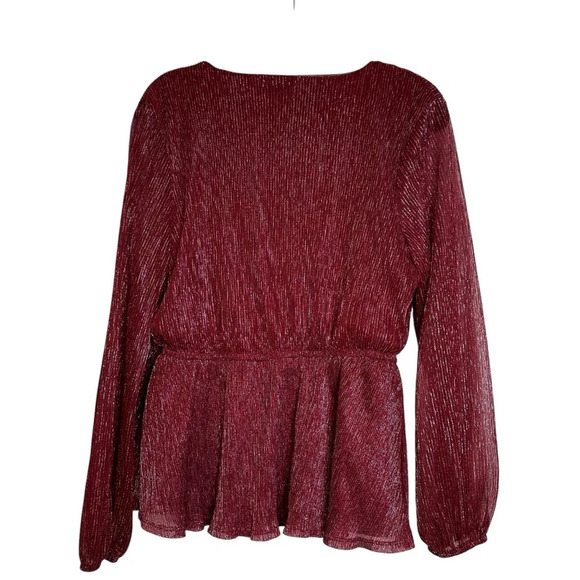 Maurices L Maroon Metallic Long Sleeve Peplum Blouse - Picture 2 of 8